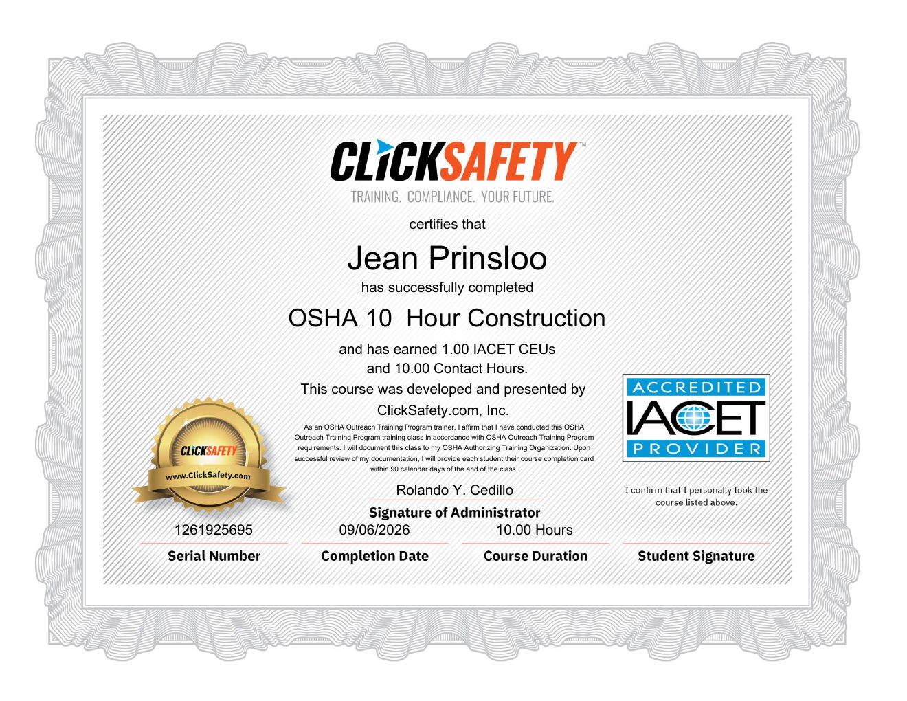 OSHA 10-Hour Construction issued to Jean Prinsloo